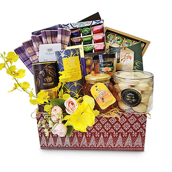 Mahbub Premium Hamper - Halal Gift, Whittard Cookies, Chocolate Royce, Kain Pelikat