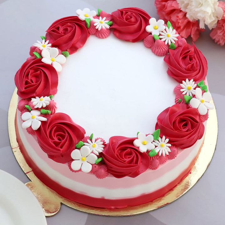 Lovely Red Roses Around Chocolate Cake