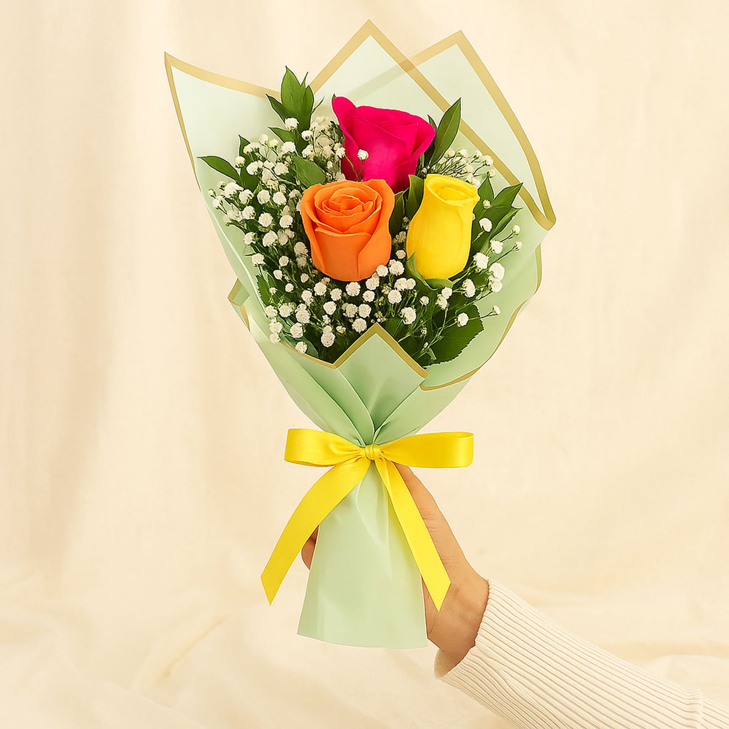 Three Mix Roses Hand Bouquet