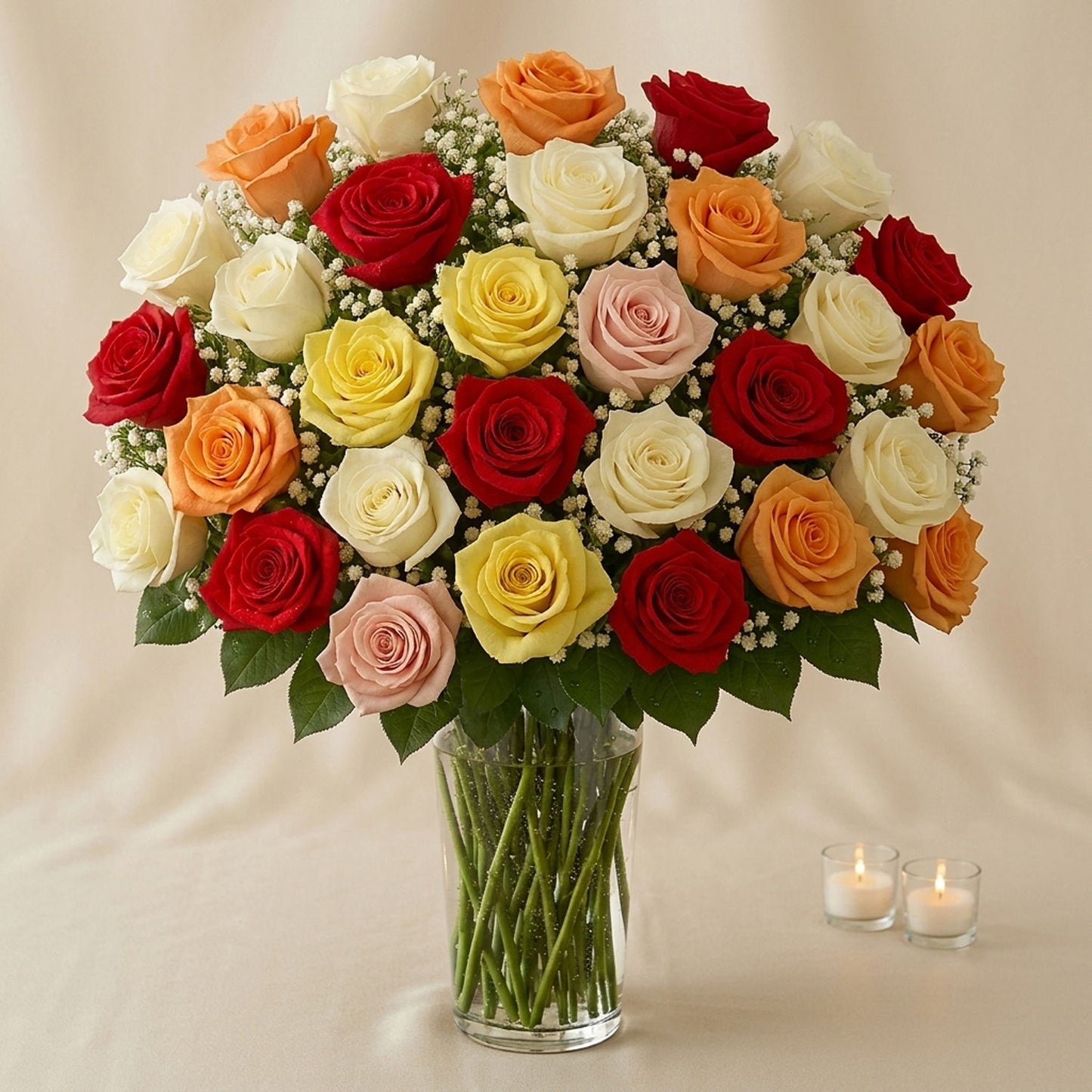 Bunch of 50 Assorted Roses In Glass Vase