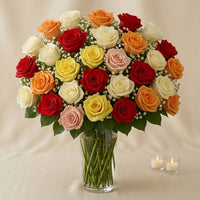 Bunch of 50 Assorted Roses In Glass Vase