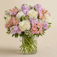 Pink With White Floral Bunch In Glass Vase