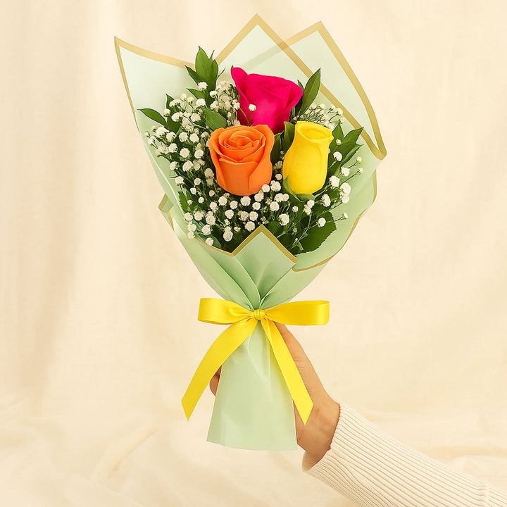 Three Mix Roses Hand Bouquet